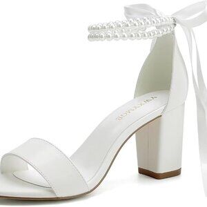 Block Heel Wedding Shoes Women Pearl Bridal Sandals Open Toe Comfort